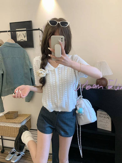 korean knit cardigan for women, retro short sleeve knitwear, v-neck lapel summer top, slim fit Korean fashion, cable knit summer cardigan, ootday fashion 2025