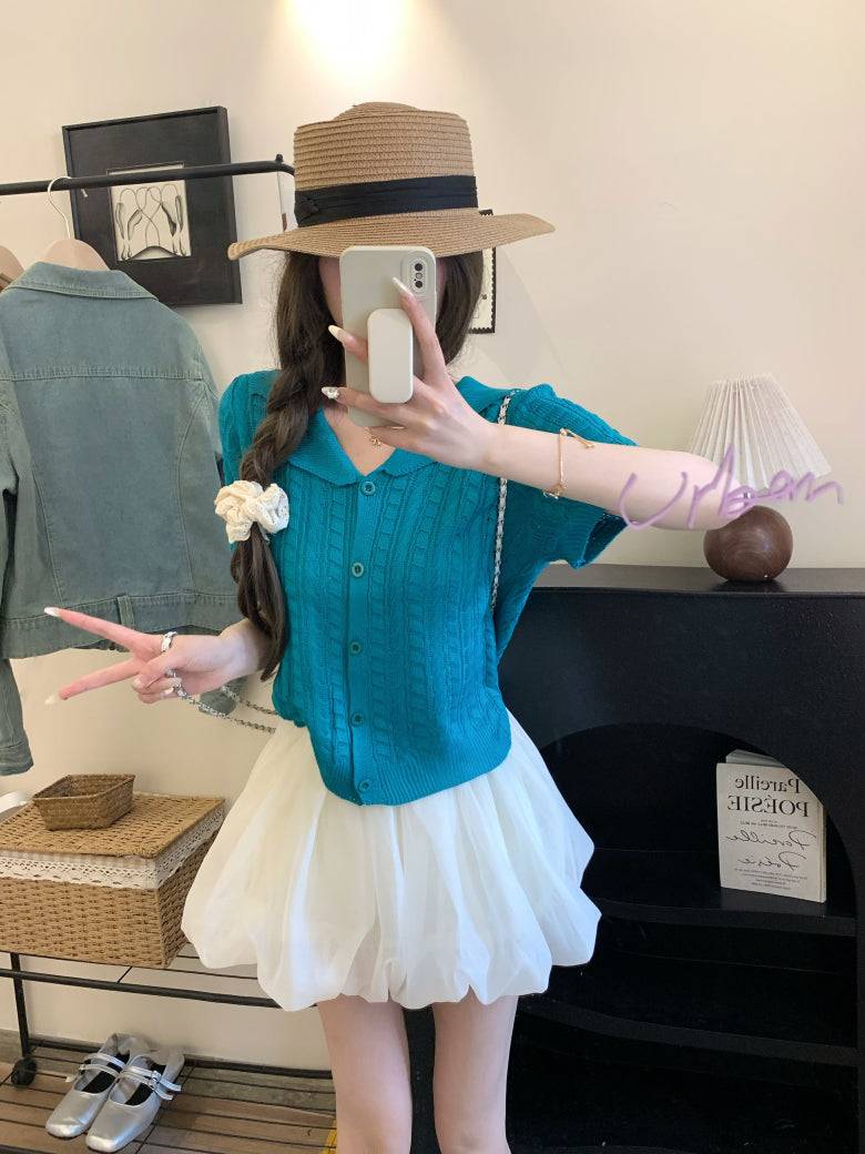 korean knit cardigan for women, retro short sleeve knitwear, v-neck lapel summer top, slim fit Korean fashion, cable knit summer cardigan, ootday fashion 2025