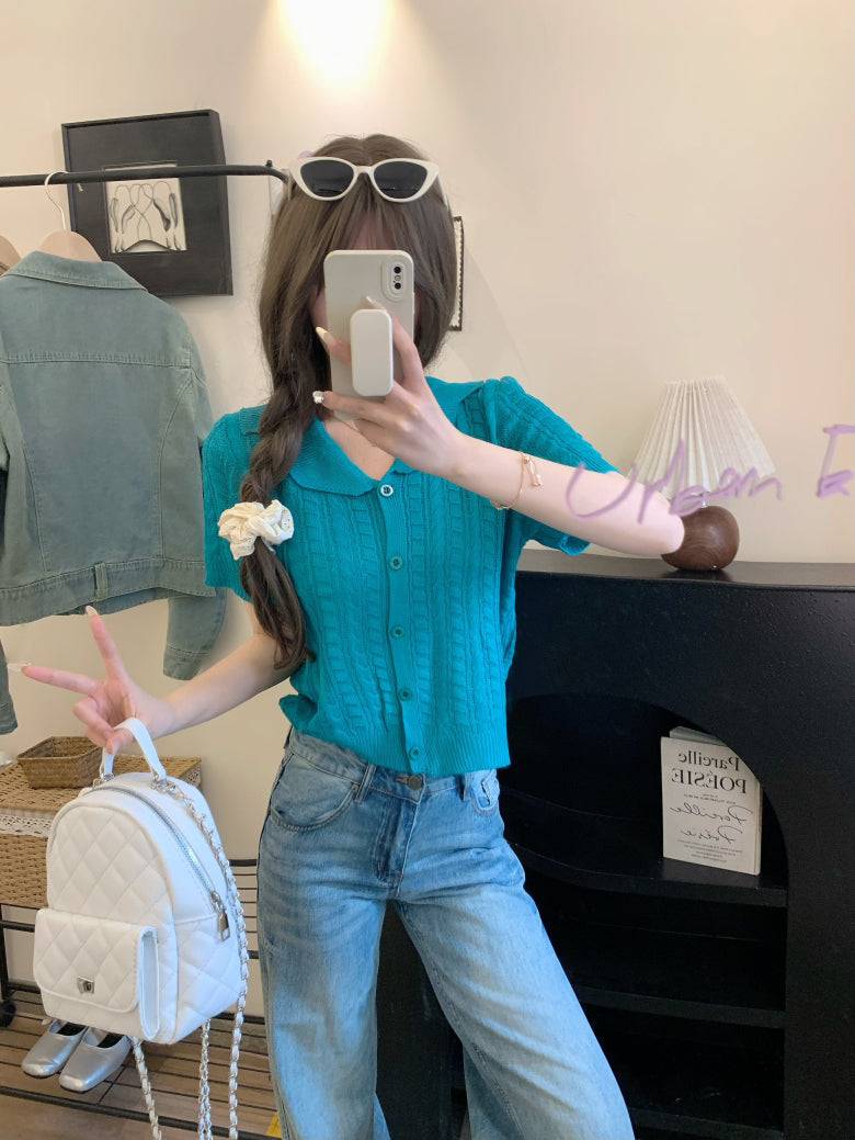 korean knit cardigan for women, retro short sleeve knitwear, v-neck lapel summer top, slim fit Korean fashion, cable knit summer cardigan, ootday fashion 2025