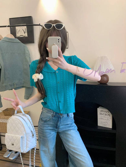 korean knit cardigan for women, retro short sleeve knitwear, v-neck lapel summer top, slim fit Korean fashion, cable knit summer cardigan, ootday fashion 2025