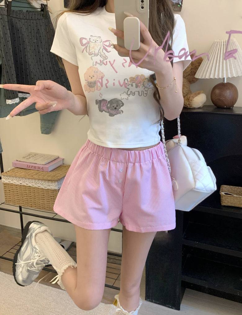 striped shorts, wide-leg shorts, Korean style summer shorts, pastel shorts for women, elastic waist shorts, button detail shorts, OOTDAY casual shorts, lightweight woven shorts, 2025 trendy shorts
