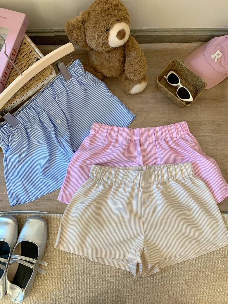 striped shorts, wide-leg shorts, Korean style summer shorts, pastel shorts for women, elastic waist shorts, button detail shorts, OOTDAY casual shorts, lightweight woven shorts, 2025 trendy shorts
