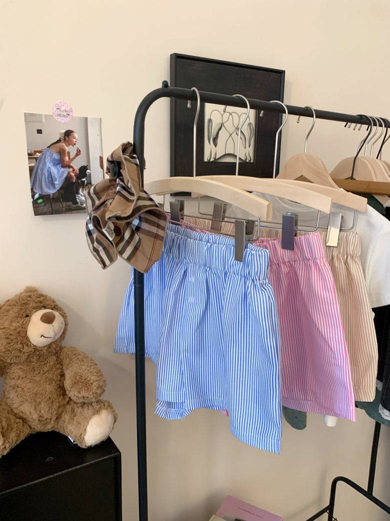 striped shorts, wide-leg shorts, Korean style summer shorts, pastel shorts for women, elastic waist shorts, button detail shorts, OOTDAY casual shorts, lightweight woven shorts, 2025 trendy shorts