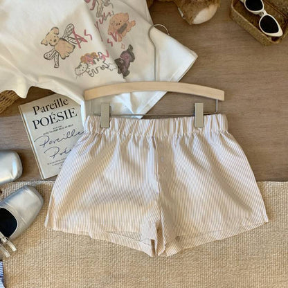 striped shorts, wide-leg shorts, Korean style summer shorts, pastel shorts for women, elastic waist shorts, button detail shorts, OOTDAY casual shorts, lightweight woven shorts, 2025 trendy shorts