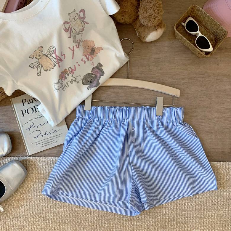 striped shorts, wide-leg shorts, Korean style summer shorts, pastel shorts for women, elastic waist shorts, button detail shorts, OOTDAY casual shorts, lightweight woven shorts, 2025 trendy shorts