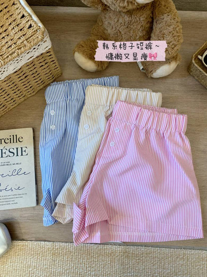 striped shorts, wide-leg shorts, Korean style summer shorts, pastel shorts for women, elastic waist shorts, button detail shorts, OOTDAY casual shorts, lightweight woven shorts, 2025 trendy shorts