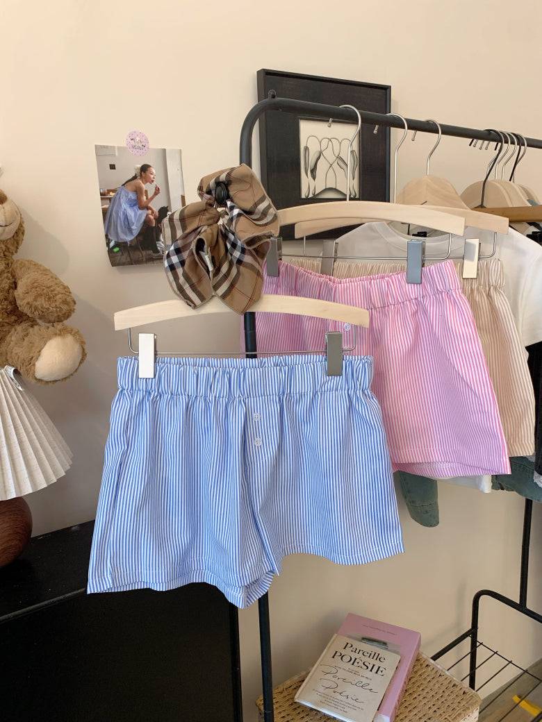 striped shorts, wide-leg shorts, Korean style summer shorts, pastel shorts for women, elastic waist shorts, button detail shorts, OOTDAY casual shorts, lightweight woven shorts, 2025 trendy shorts