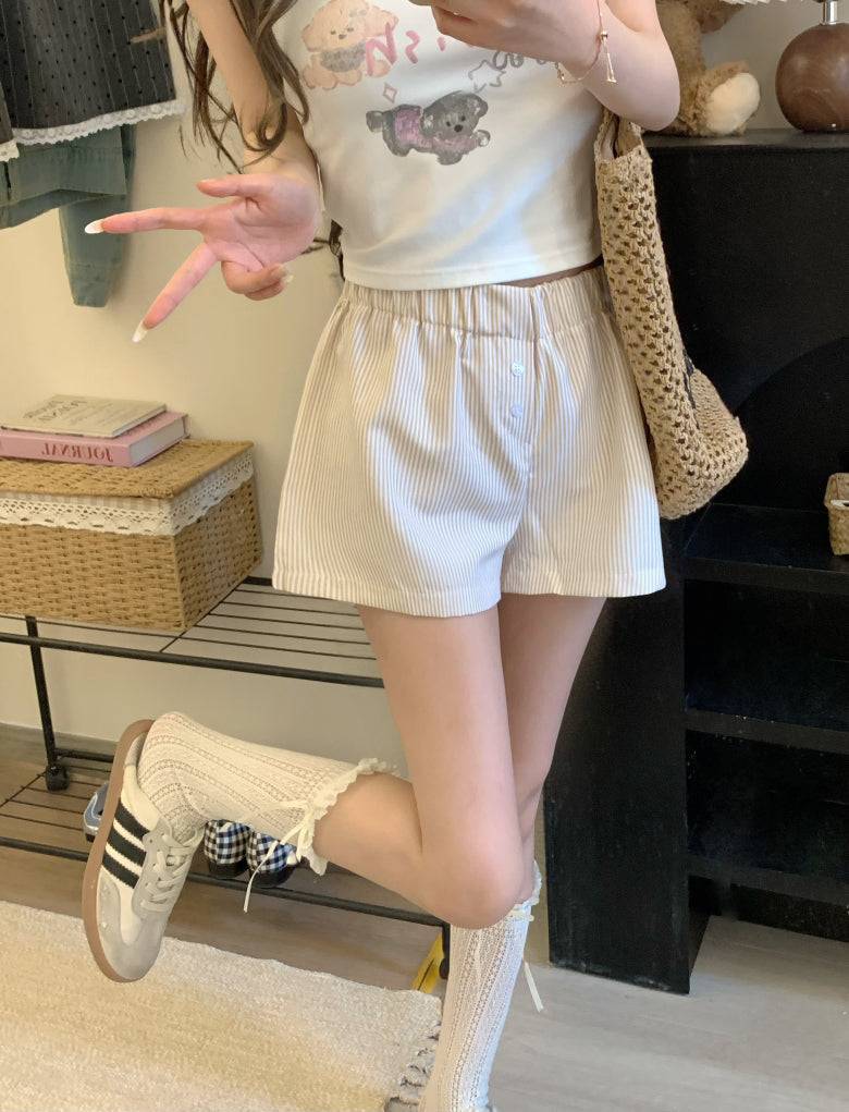 striped shorts, wide-leg shorts, Korean style summer shorts, pastel shorts for women, elastic waist shorts, button detail shorts, OOTDAY casual shorts, lightweight woven shorts, 2025 trendy shorts