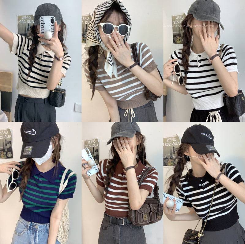 striped knit polo t-shirt, slim fit short sleeve top, contrast color summer tee, cute girl Korean fashion top, sweet style polo knitwear, backless halter knit shirt