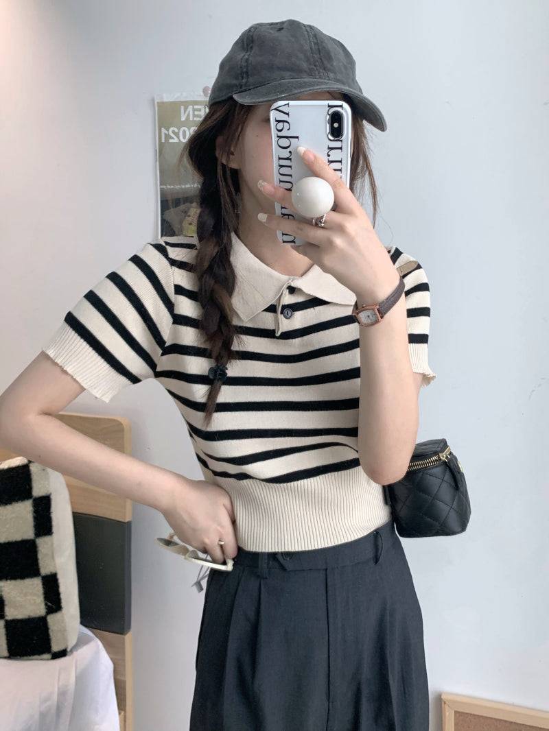 striped knit polo t-shirt, slim fit short sleeve top, contrast color summer tee, cute girl Korean fashion top, sweet style polo knitwear, backless halter knit shirt