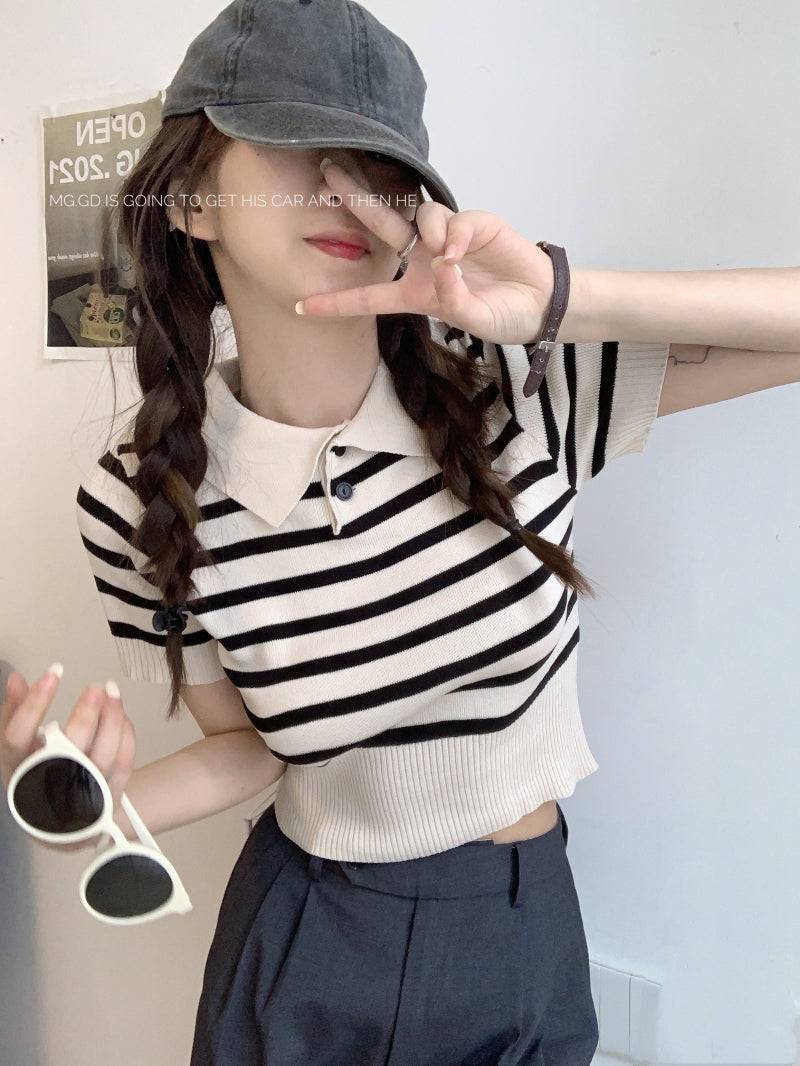 striped knit polo t-shirt, slim fit short sleeve top, contrast color summer tee, cute girl Korean fashion top, sweet style polo knitwear, backless halter knit shirt