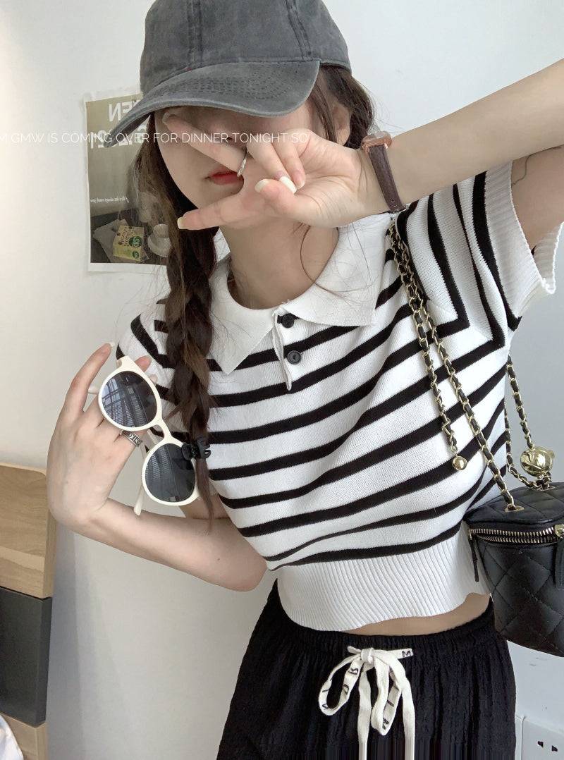 striped knit polo t-shirt, slim fit short sleeve top, contrast color summer tee, cute girl Korean fashion top, sweet style polo knitwear, backless halter knit shirt