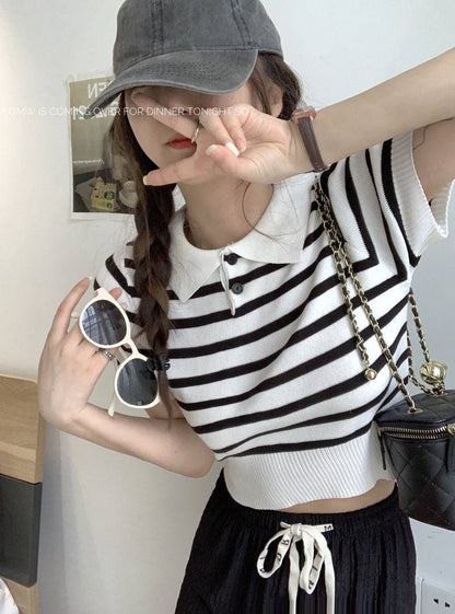 striped knit polo t-shirt, slim fit short sleeve top, contrast color summer tee, cute girl Korean fashion top, sweet style polo knitwear, backless halter knit shirt