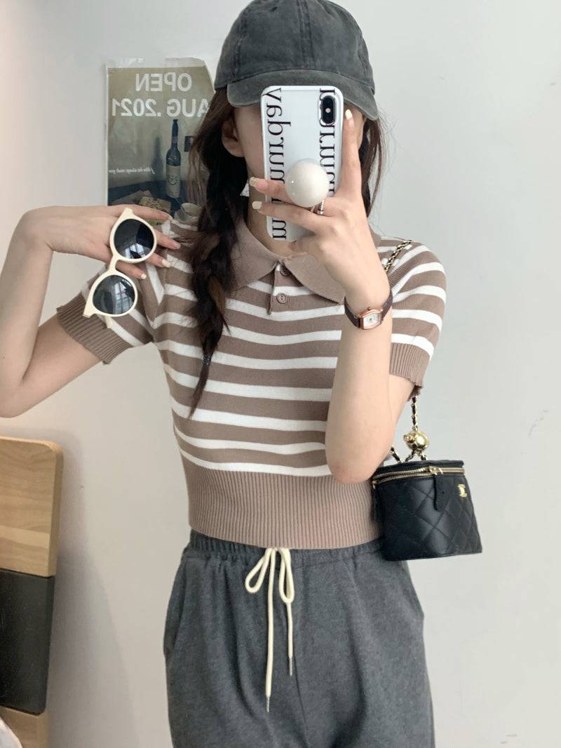striped knit polo t-shirt, slim fit short sleeve top, contrast color summer tee, cute girl Korean fashion top, sweet style polo knitwear, backless halter knit shirt