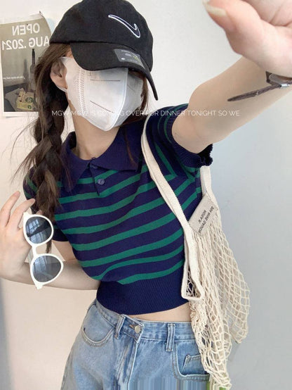 striped knit polo t-shirt, slim fit short sleeve top, contrast color summer tee, cute girl Korean fashion top, sweet style polo knitwear, backless halter knit shirt