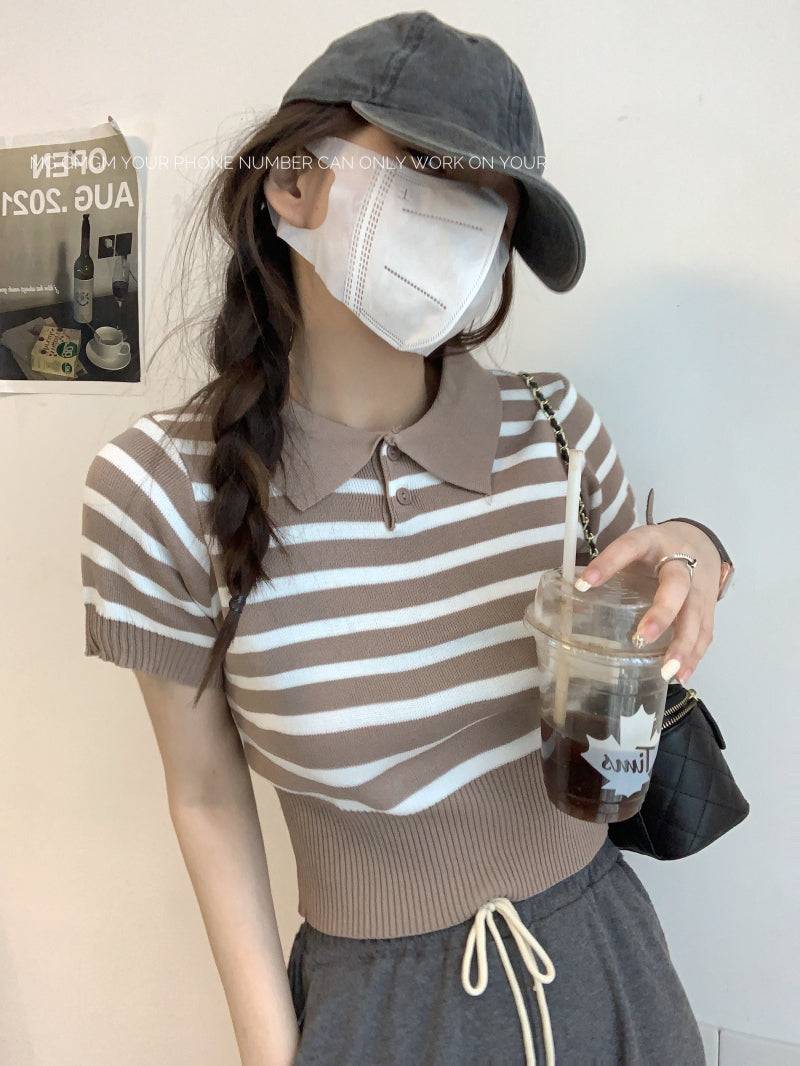 striped knit polo t-shirt, slim fit short sleeve top, contrast color summer tee, cute girl Korean fashion top, sweet style polo knitwear, backless halter knit shirt