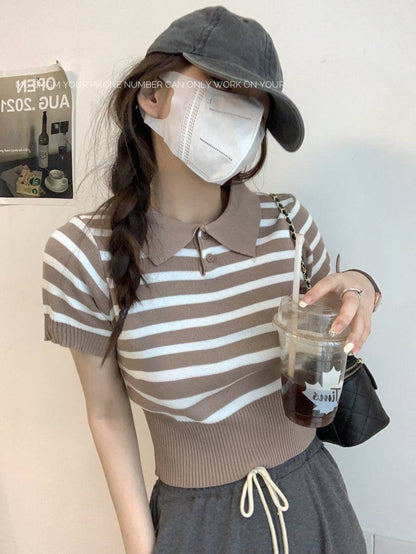 striped knit polo t-shirt, slim fit short sleeve top, contrast color summer tee, cute girl Korean fashion top, sweet style polo knitwear, backless halter knit shirt