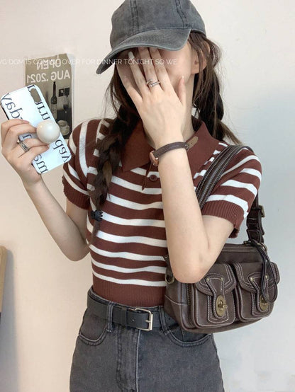 striped knit polo t-shirt, slim fit short sleeve top, contrast color summer tee, cute girl Korean fashion top, sweet style polo knitwear, backless halter knit shirt