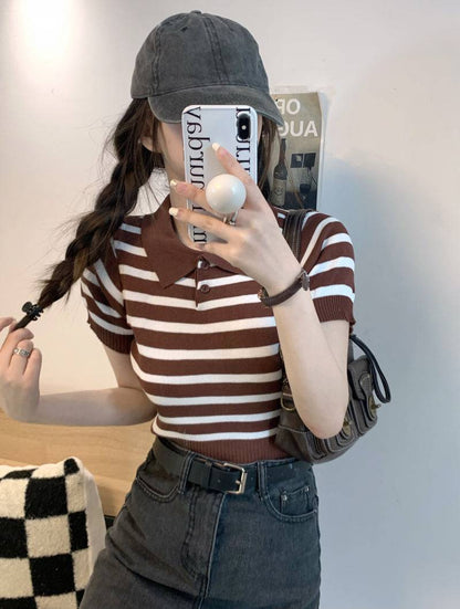 striped knit polo t-shirt, slim fit short sleeve top, contrast color summer tee, cute girl Korean fashion top, sweet style polo knitwear, backless halter knit shirt