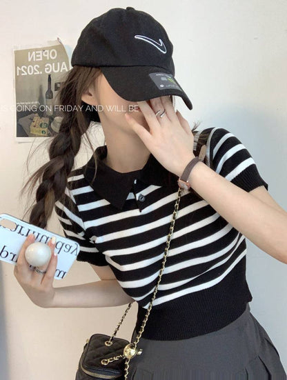 striped knit polo t-shirt, slim fit short sleeve top, contrast color summer tee, cute girl Korean fashion top, sweet style polo knitwear, backless halter knit shirt