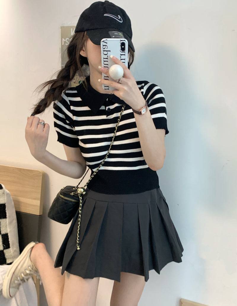 striped knit polo t-shirt, slim fit short sleeve top, contrast color summer tee, cute girl Korean fashion top, sweet style polo knitwear, backless halter knit shirt