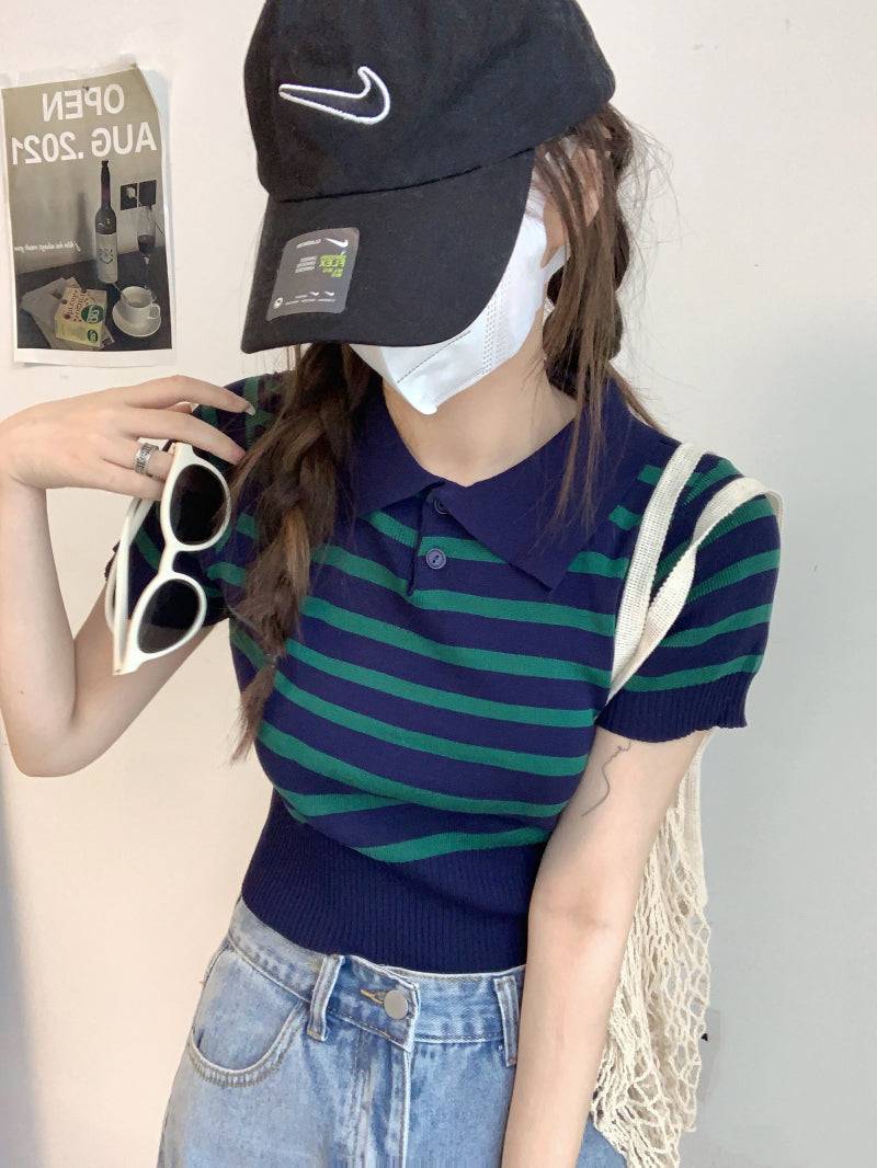 striped knit polo t-shirt, slim fit short sleeve top, contrast color summer tee, cute girl Korean fashion top, sweet style polo knitwear, backless halter knit shirt