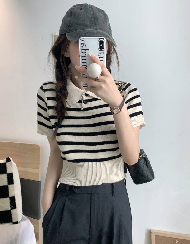 striped knit polo t-shirt, slim fit short sleeve top, contrast color summer tee, cute girl Korean fashion top, sweet style polo knitwear, backless halter knit shirt