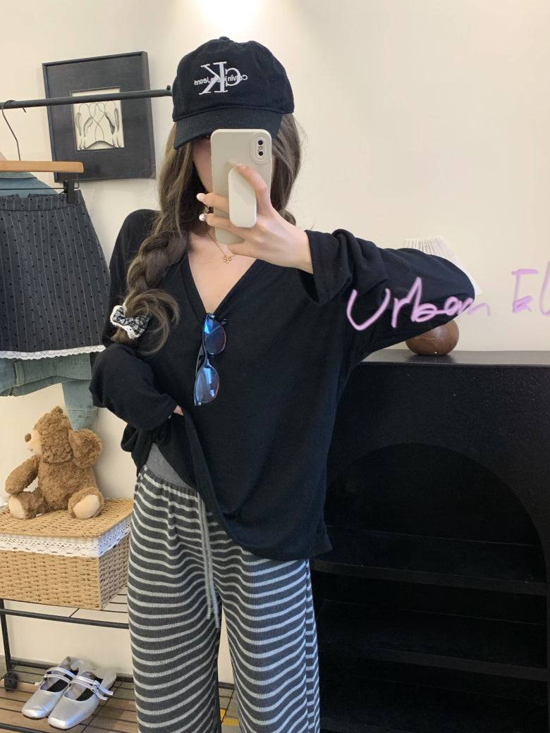Lightweight sheer knit long sleeve tee, summer sun protection V-neck top, Korean style loose pullover, OOTDAY summer 2025