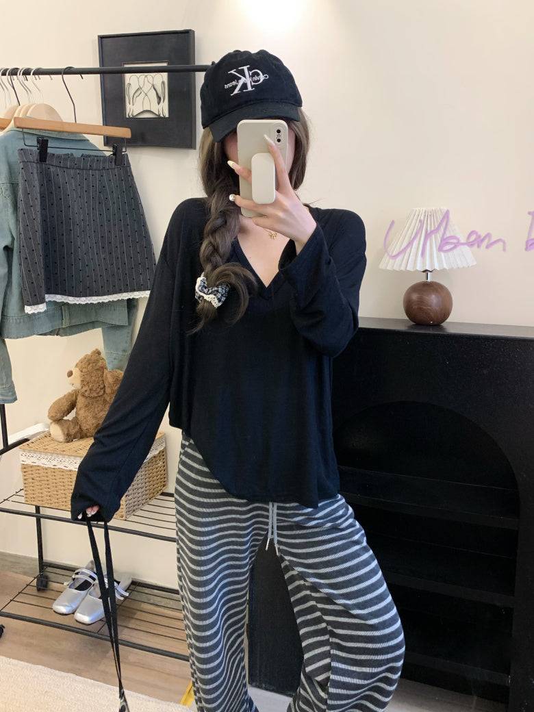 Lightweight sheer knit long sleeve tee, summer sun protection V-neck top, Korean style loose pullover, OOTDAY summer 2025