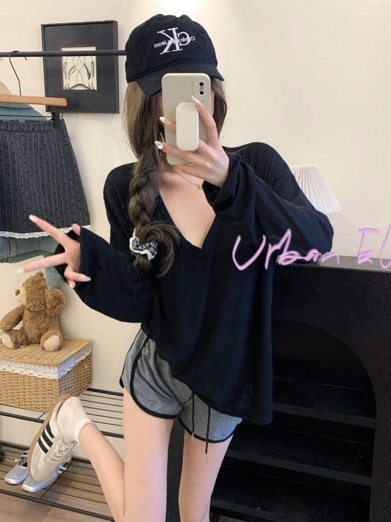 Lightweight sheer knit long sleeve tee, summer sun protection V-neck top, Korean style loose pullover, OOTDAY summer 2025