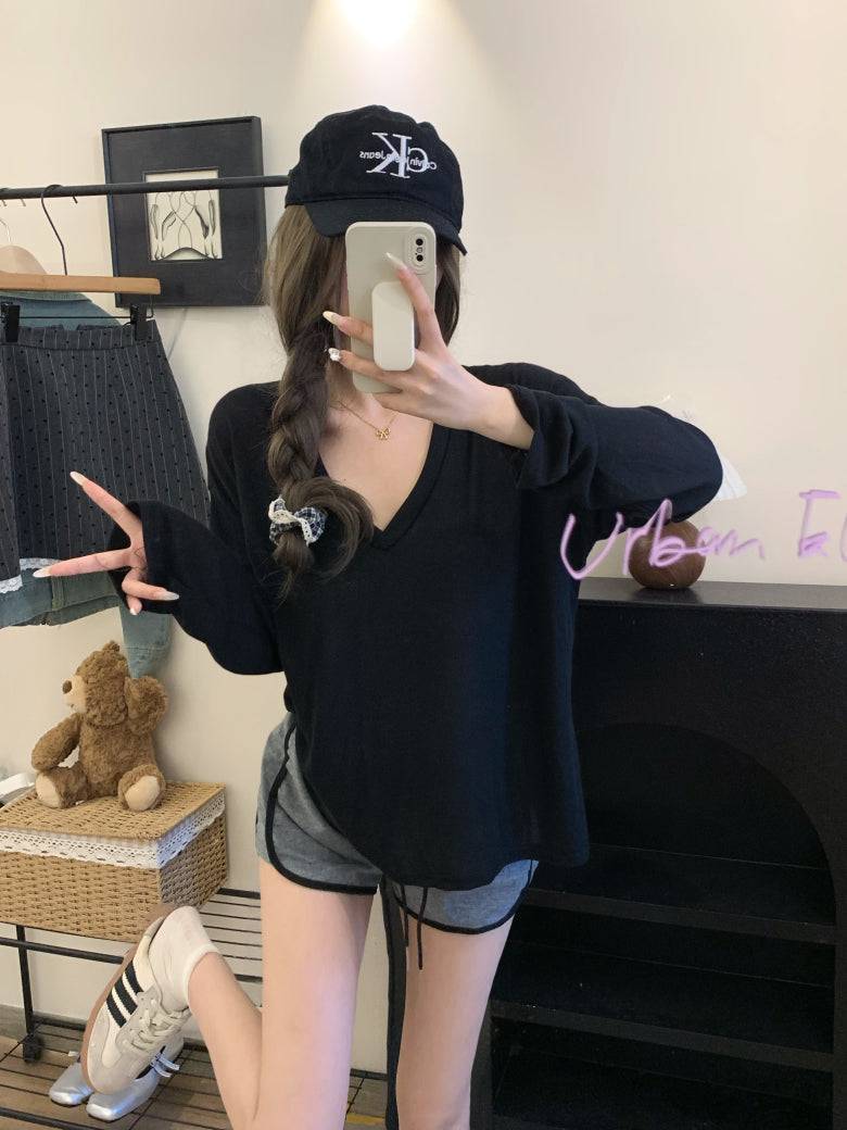 Lightweight sheer knit long sleeve tee, summer sun protection V-neck top, Korean style loose pullover, OOTDAY summer 2025