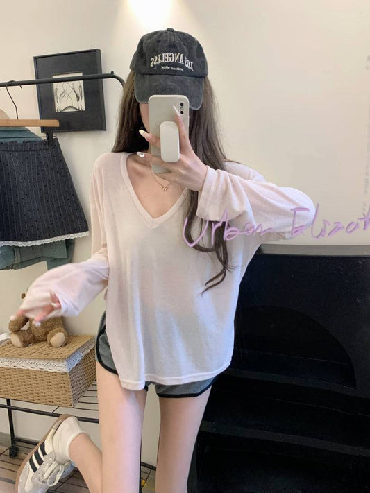 Lightweight sheer knit long sleeve tee, summer sun protection V-neck top, Korean style loose pullover, OOTDAY summer 2025