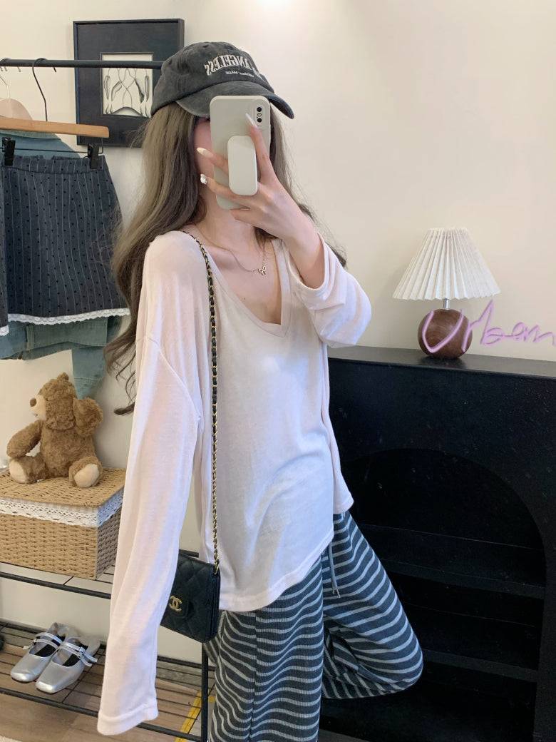 Lightweight sheer knit long sleeve tee, summer sun protection V-neck top, Korean style loose pullover, OOTDAY summer 2025