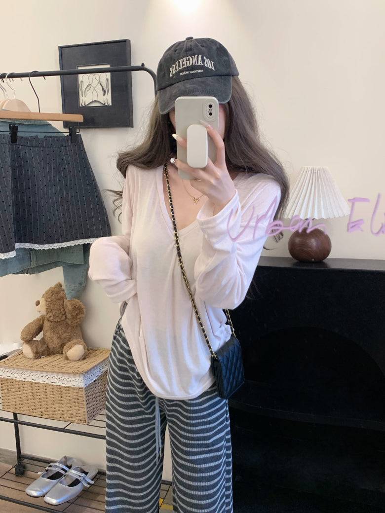 Lightweight sheer knit long sleeve tee, summer sun protection V-neck top, Korean style loose pullover, OOTDAY summer 2025