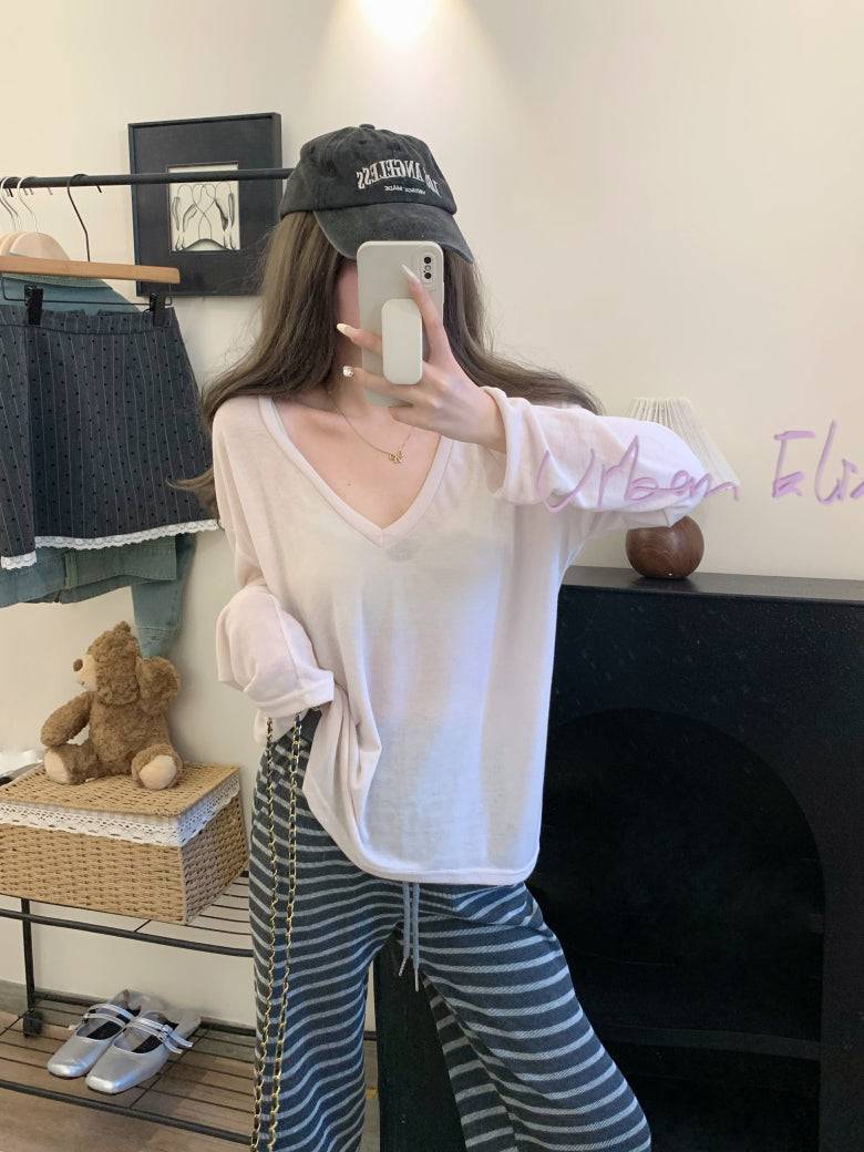 Lightweight sheer knit long sleeve tee, summer sun protection V-neck top, Korean style loose pullover, OOTDAY summer 2025