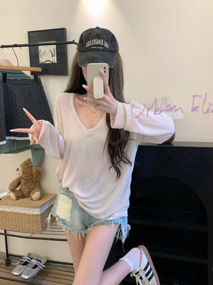 Lightweight sheer knit long sleeve tee, summer sun protection V-neck top, Korean style loose pullover, OOTDAY summer 2025