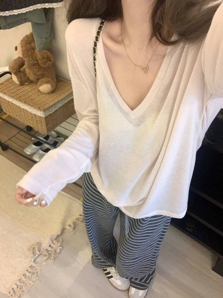 Lightweight sheer knit long sleeve tee, summer sun protection V-neck top, Korean style loose pullover, OOTDAY summer 2025