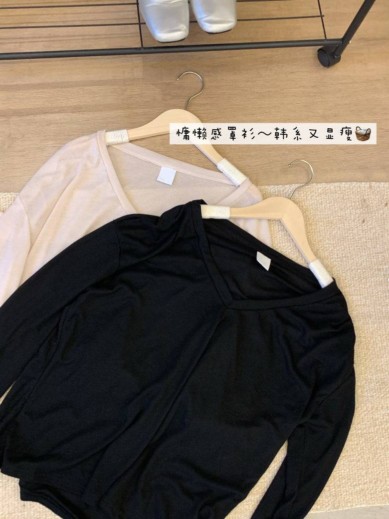 Lightweight sheer knit long sleeve tee, summer sun protection V-neck top, Korean style loose pullover, OOTDAY summer 2025
