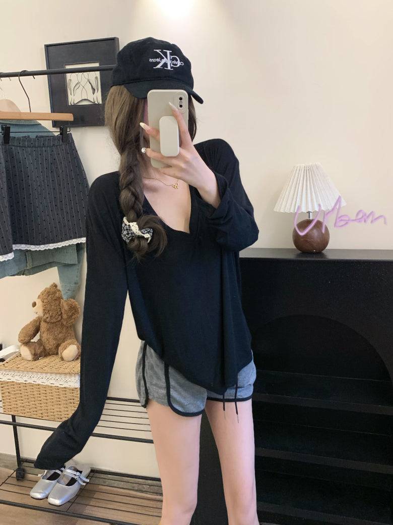 Lightweight sheer knit long sleeve tee, summer sun protection V-neck top, Korean style loose pullover, OOTDAY summer 2025