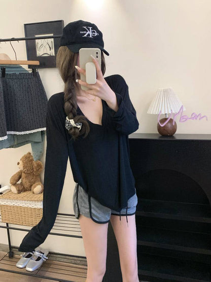 Lightweight sheer knit long sleeve tee, summer sun protection V-neck top, Korean style loose pullover, OOTDAY summer 2025