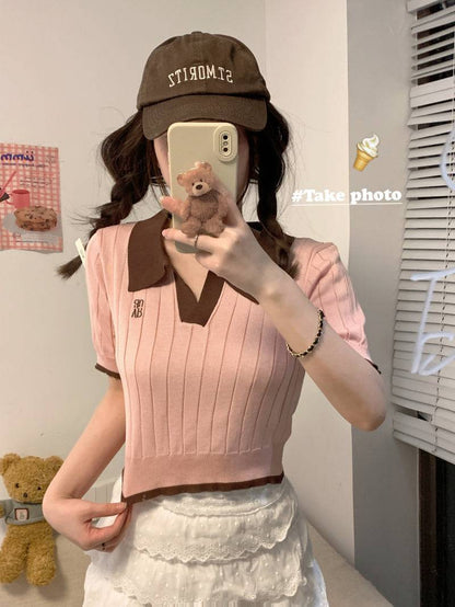 Korean polo collar knit top, pink ribbed short sleeve tee, slim fit embroidered summer shirt, preppy style OOTDAY fashion
