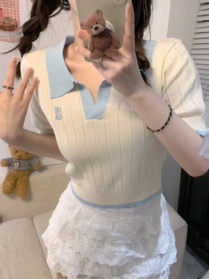 Korean polo collar knit top, pink ribbed short sleeve tee, slim fit embroidered summer shirt, preppy style OOTDAY fashion