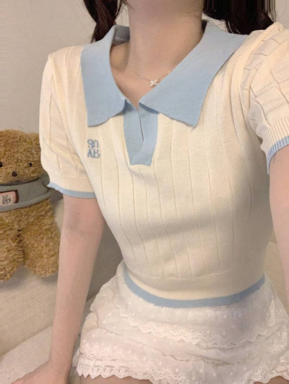 Korean polo collar knit top, pink ribbed short sleeve tee, slim fit embroidered summer shirt, preppy style OOTDAY fashion