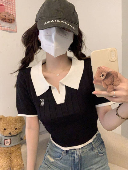 Korean polo collar knit top, pink ribbed short sleeve tee, slim fit embroidered summer shirt, preppy style OOTDAY fashion