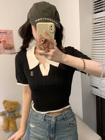 Korean polo collar knit top, pink ribbed short sleeve tee, slim fit embroidered summer shirt, preppy style OOTDAY fashion