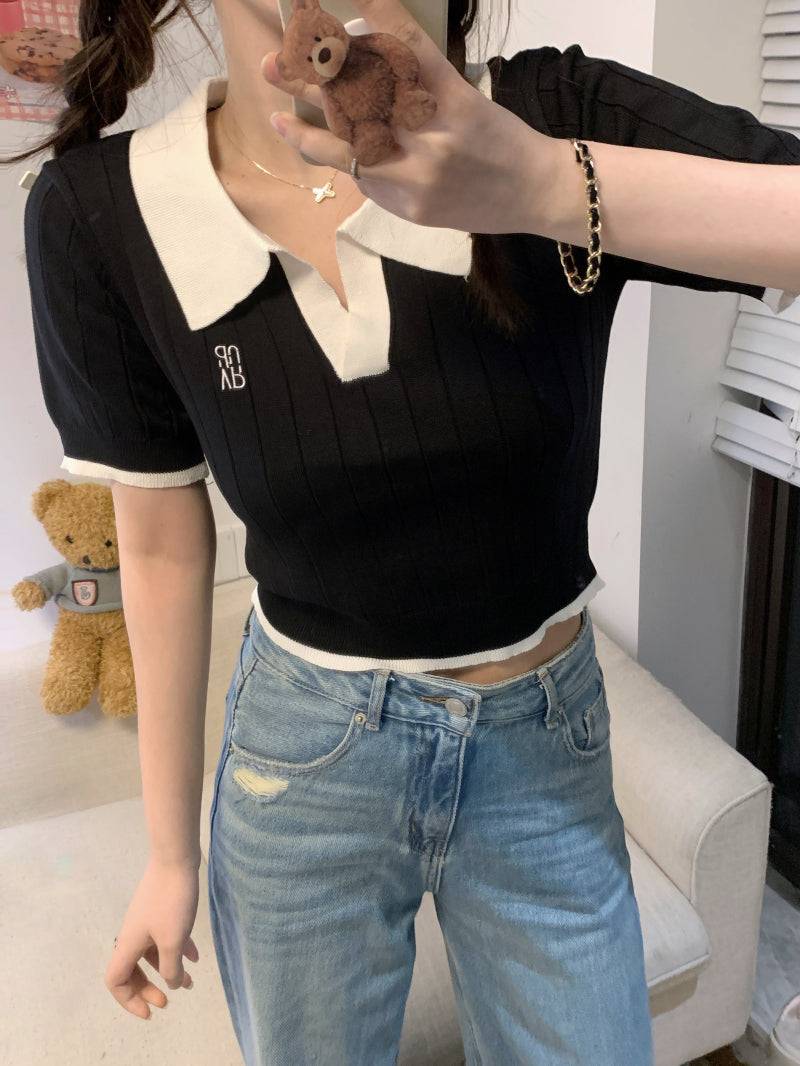 Korean polo collar knit top, pink ribbed short sleeve tee, slim fit embroidered summer shirt, preppy style OOTDAY fashion