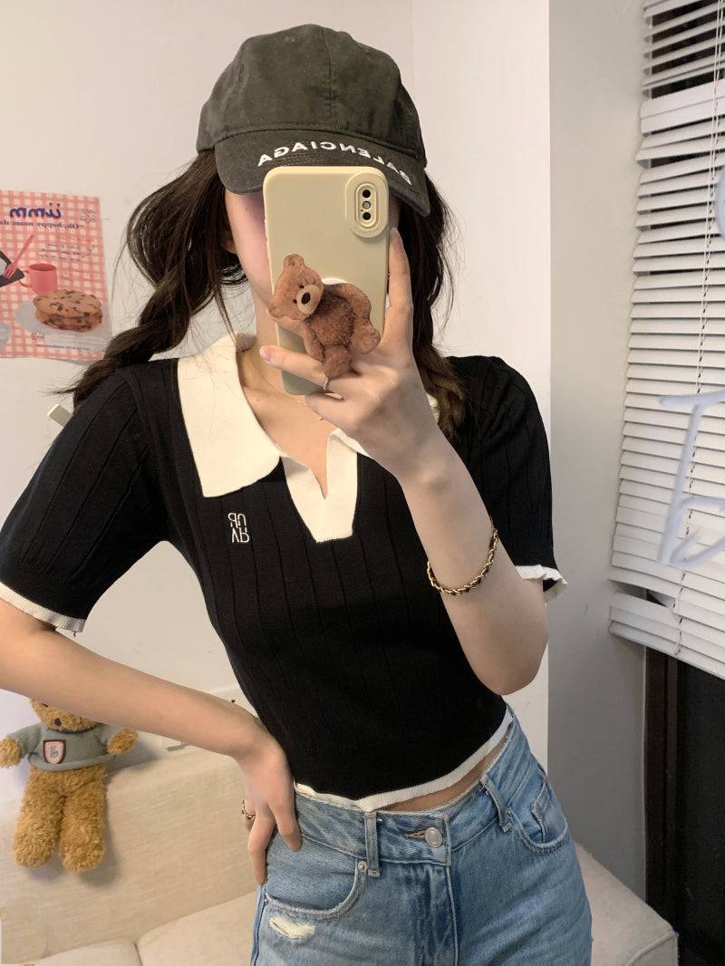 Korean polo collar knit top, pink ribbed short sleeve tee, slim fit embroidered summer shirt, preppy style OOTDAY fashion