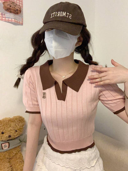 Korean polo collar knit top, pink ribbed short sleeve tee, slim fit embroidered summer shirt, preppy style OOTDAY fashion