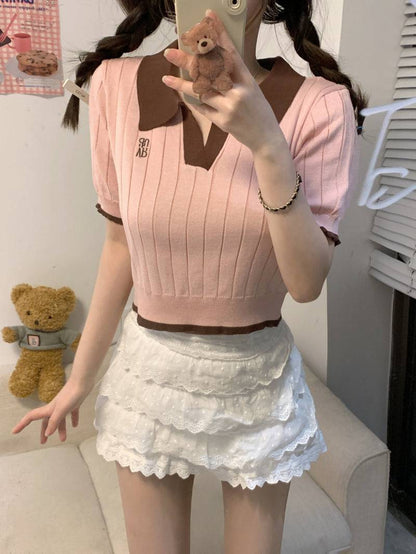 Korean polo collar knit top, pink ribbed short sleeve tee, slim fit embroidered summer shirt, preppy style OOTDAY fashion