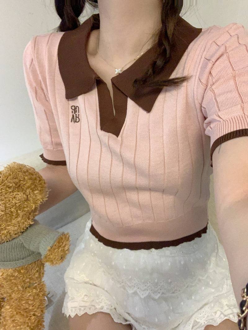 Korean polo collar knit top, pink ribbed short sleeve tee, slim fit embroidered summer shirt, preppy style OOTDAY fashion